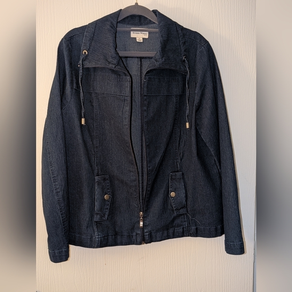 Studio Works Blue Denim Jacket Relaxed Fit Stand Up Collar PL